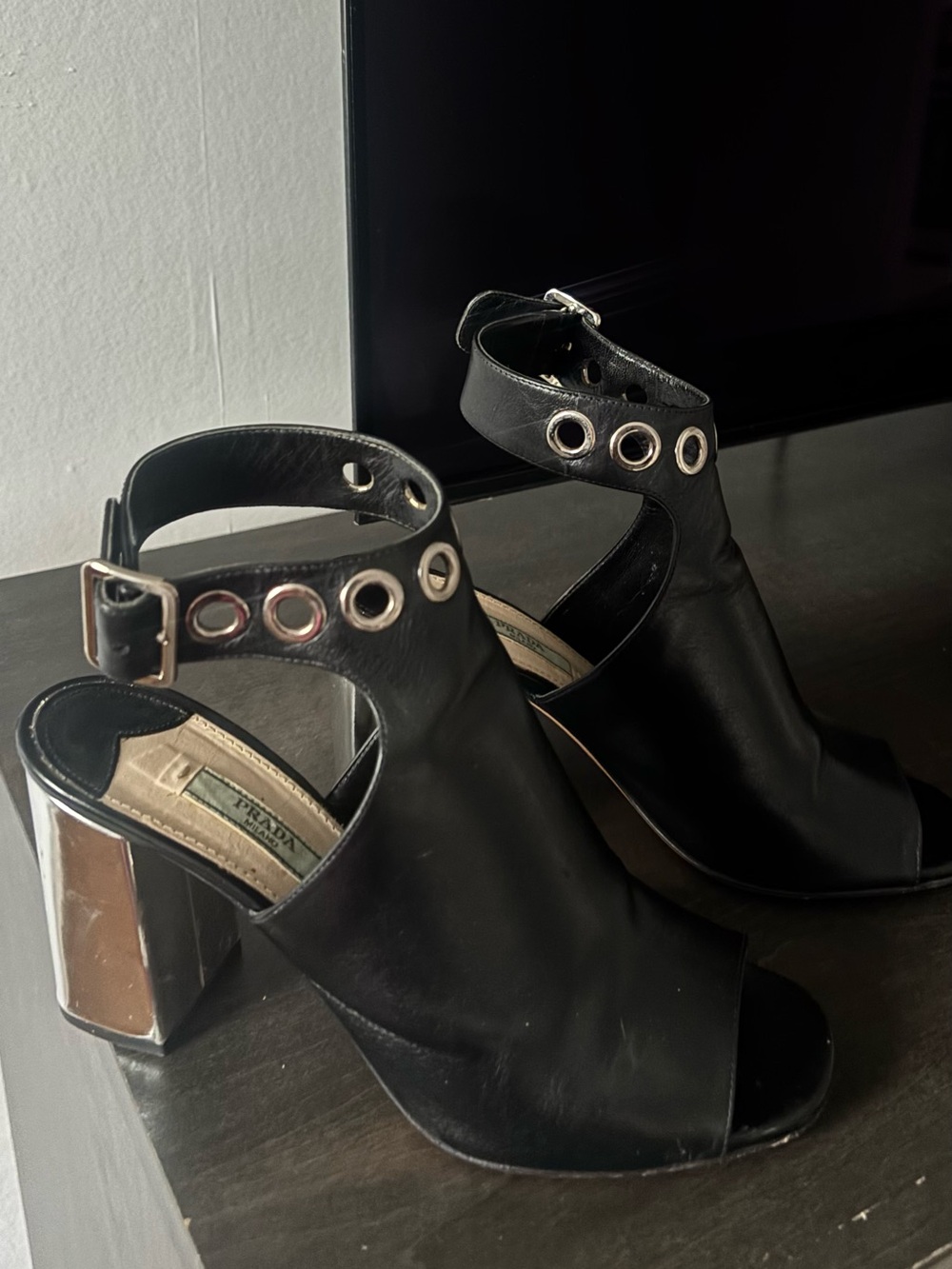 Prada Black Open-Toe Ankle-Strap Block Heel Sandals